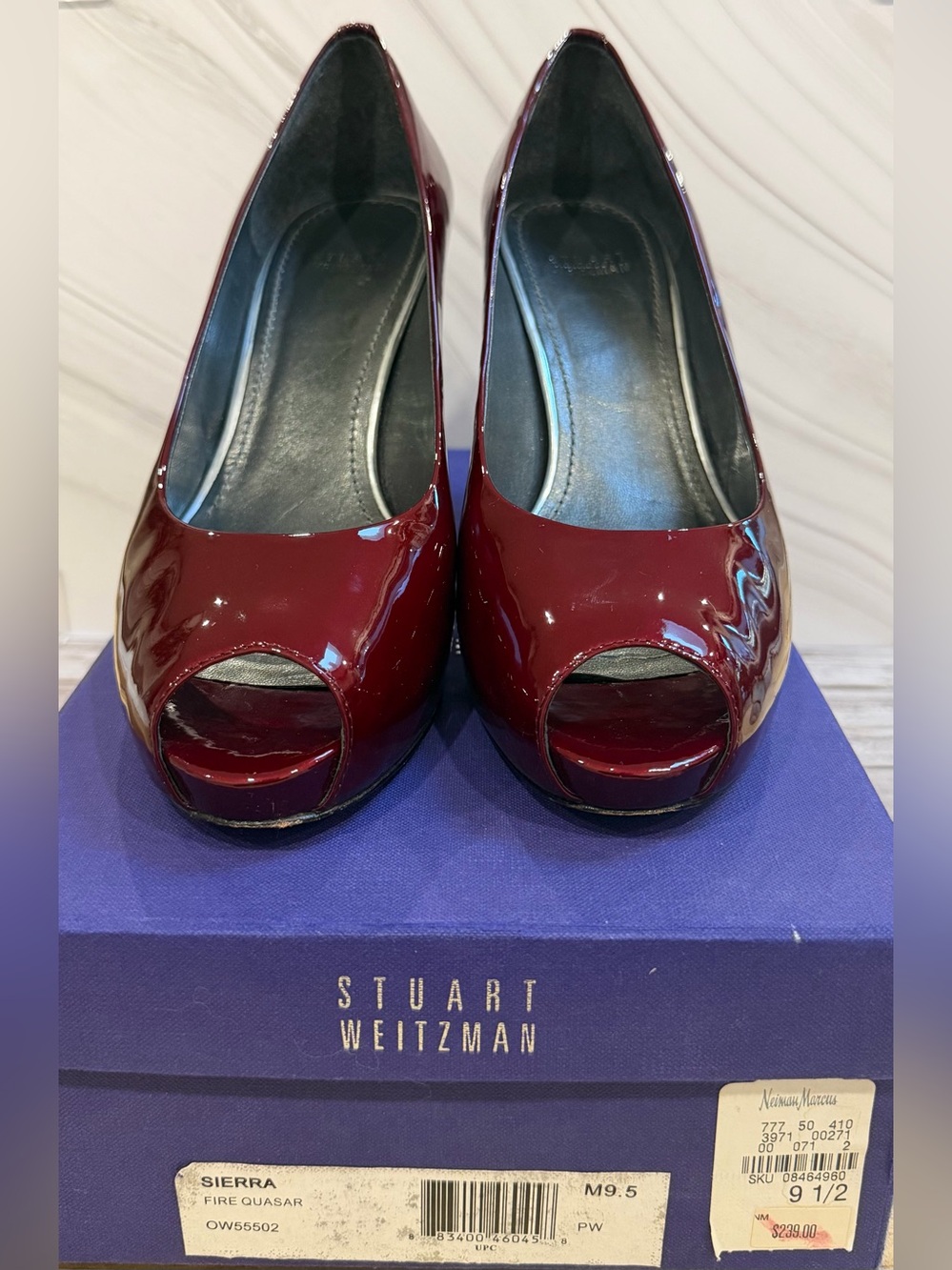 Stuart Weitzman Burgundy Patent Peep-Toe Pumps